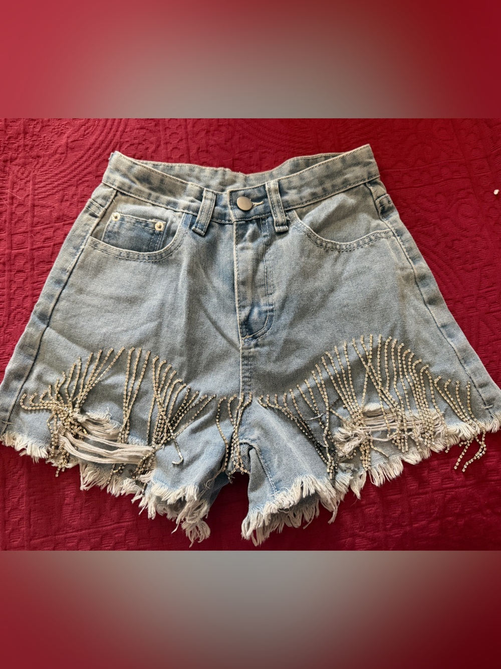 Fringed Distressed Light Blue Denim Shorts with Beaded Trim